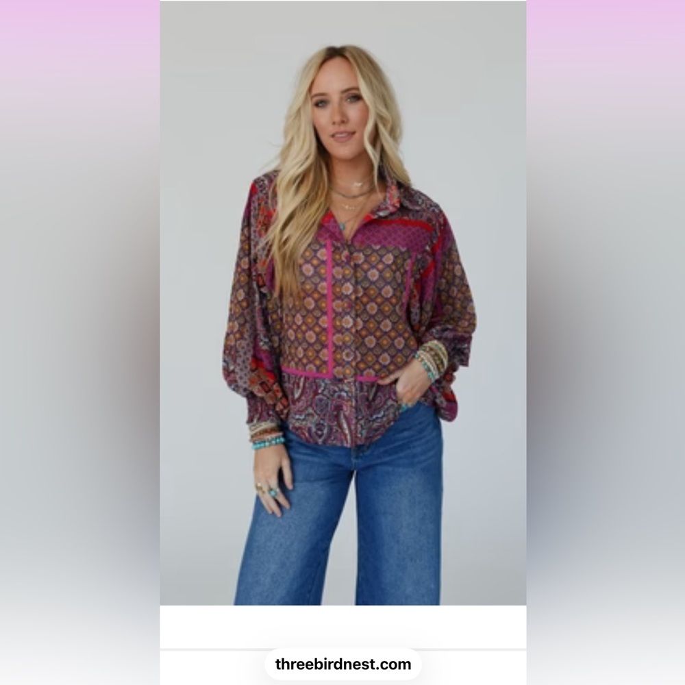 EEUC❤️THREE BIRD NEST❤️ Paisley Garden Button Up Top PINK Blouse size M